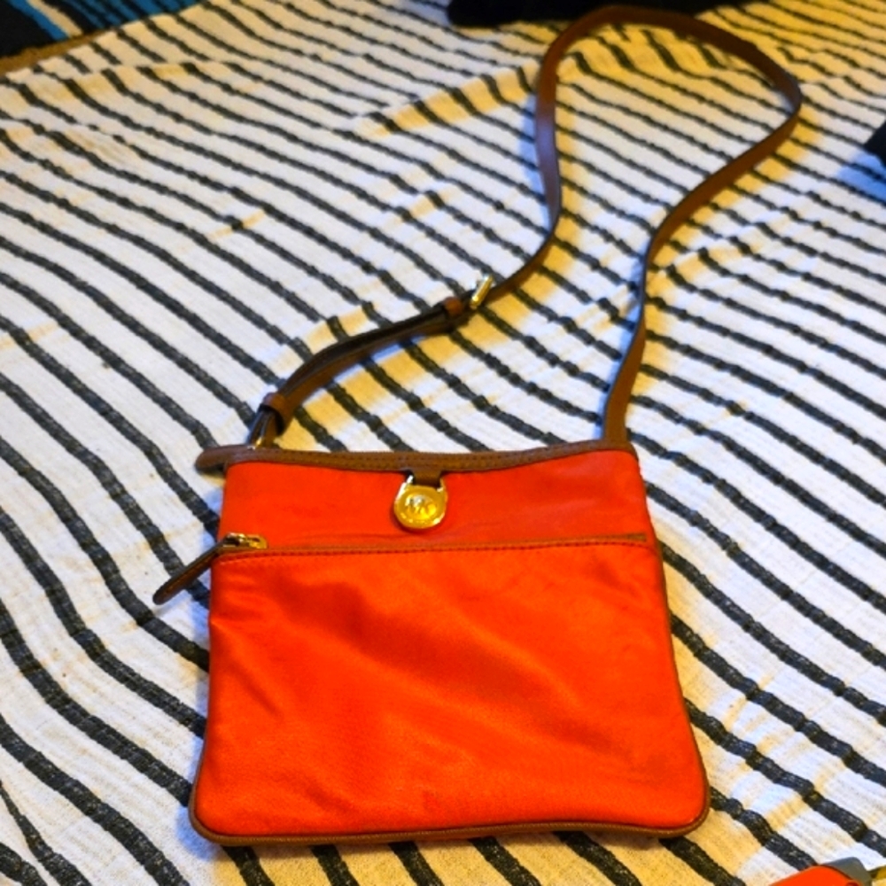 Michael Kors Long Strap Cross Body Red-Orange with Gold Accents Nylon - Picture 3 of 9